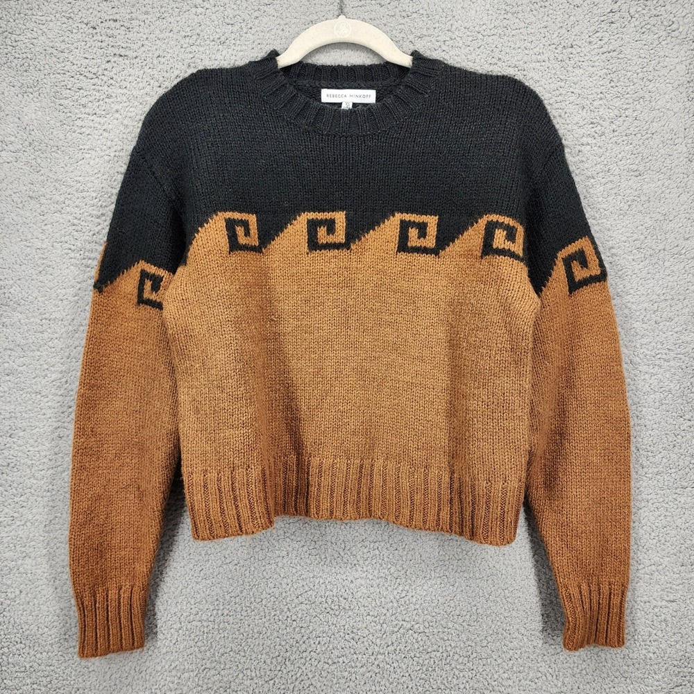 Rebecca Minkoff Womens XS Black Brown Greek Key Wave Cropped Sweater